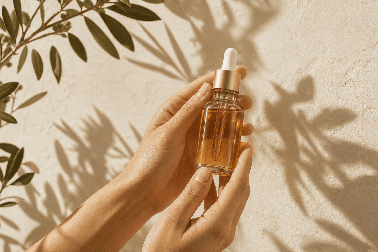 Hands holding an amber serum bottle in soft sunlight.