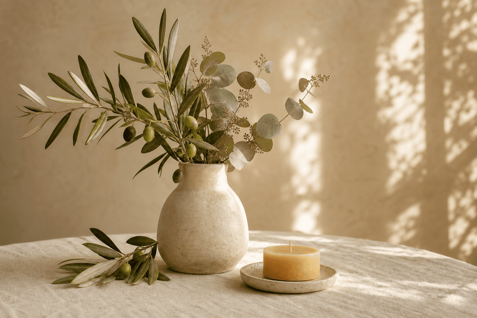 Vase of olive branches and eucalyptus beside a beeswax candle.
