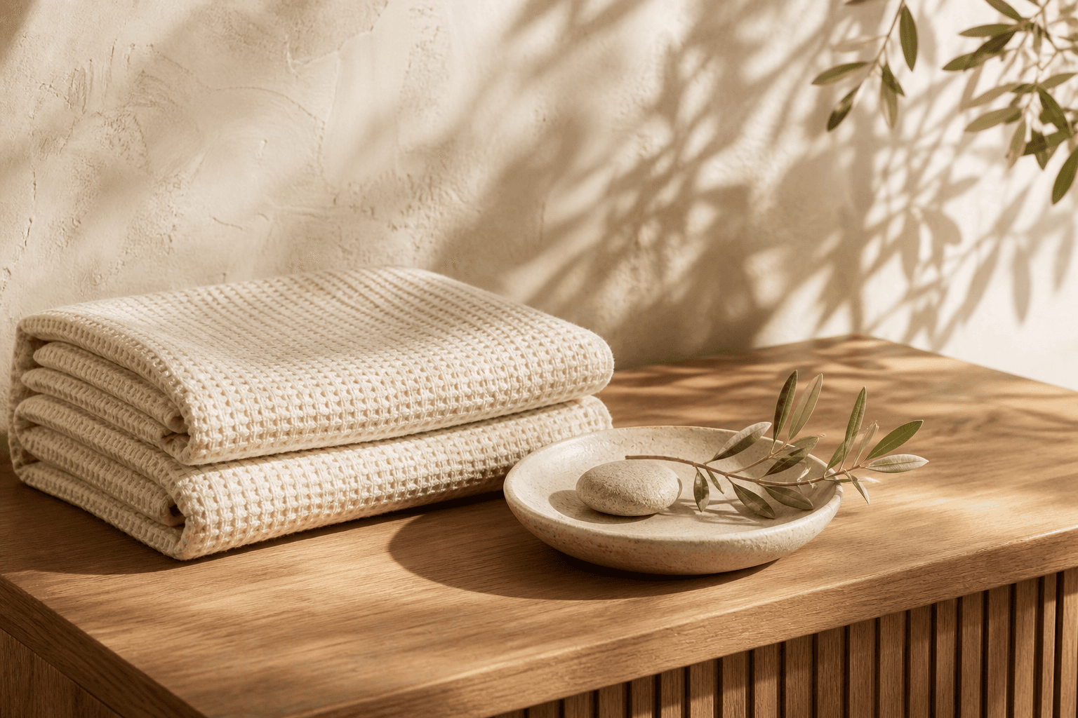 Folded waffle-linen towels with olive sprig in a small dish.