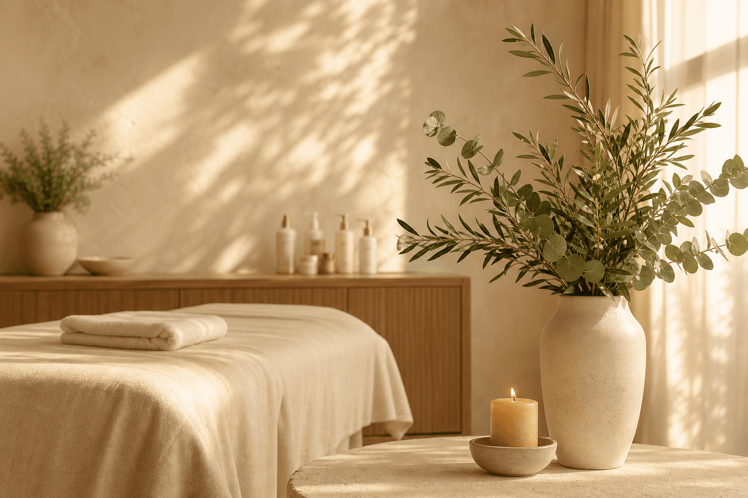 A sunlit treatment room with a vase of olive branches and a lit beeswax candle.