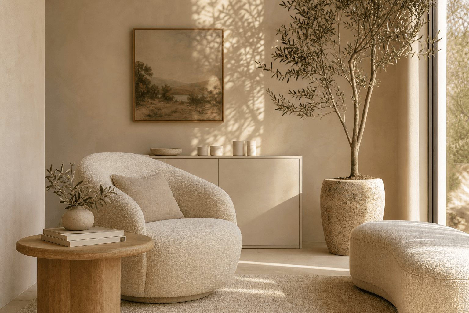 A serene corner of the studio with a cream boucle armchair, framed landscape art, and a tall olive tree.