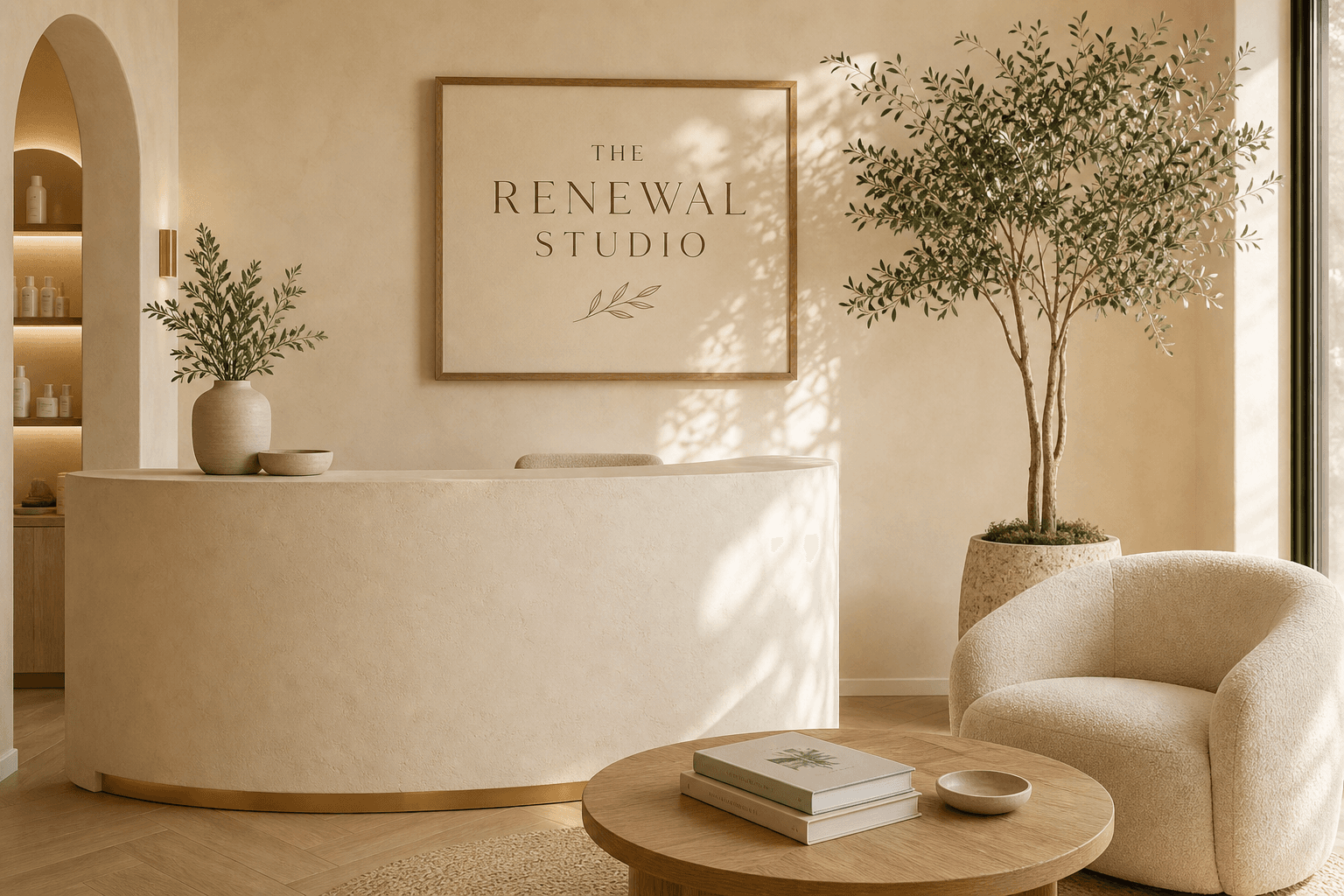 The Renewal Studio reception with curved cream desk and olive tree.