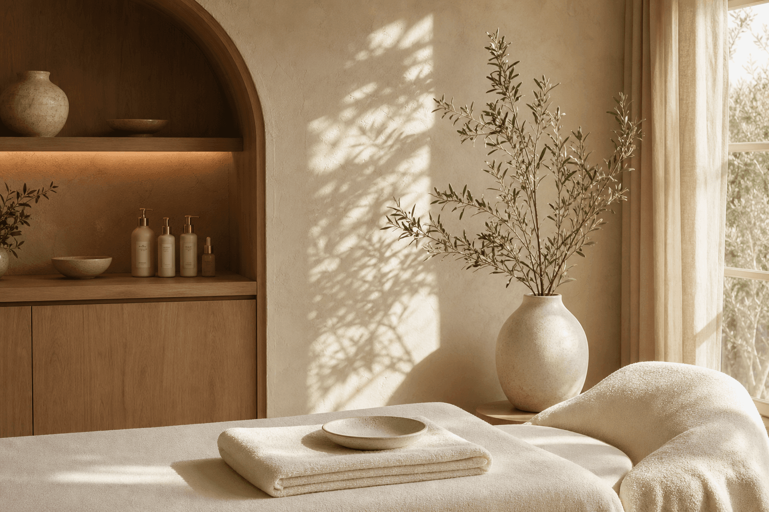 A serene cream-toned treatment room with a vase of olive branches.