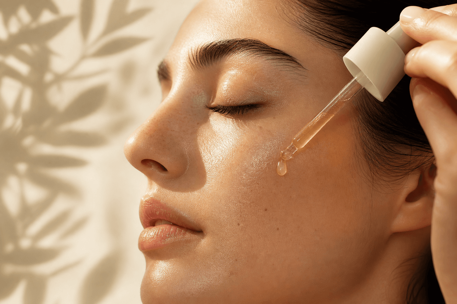 Close-up of a woman's face with a serum dropper applied to glowing skin.