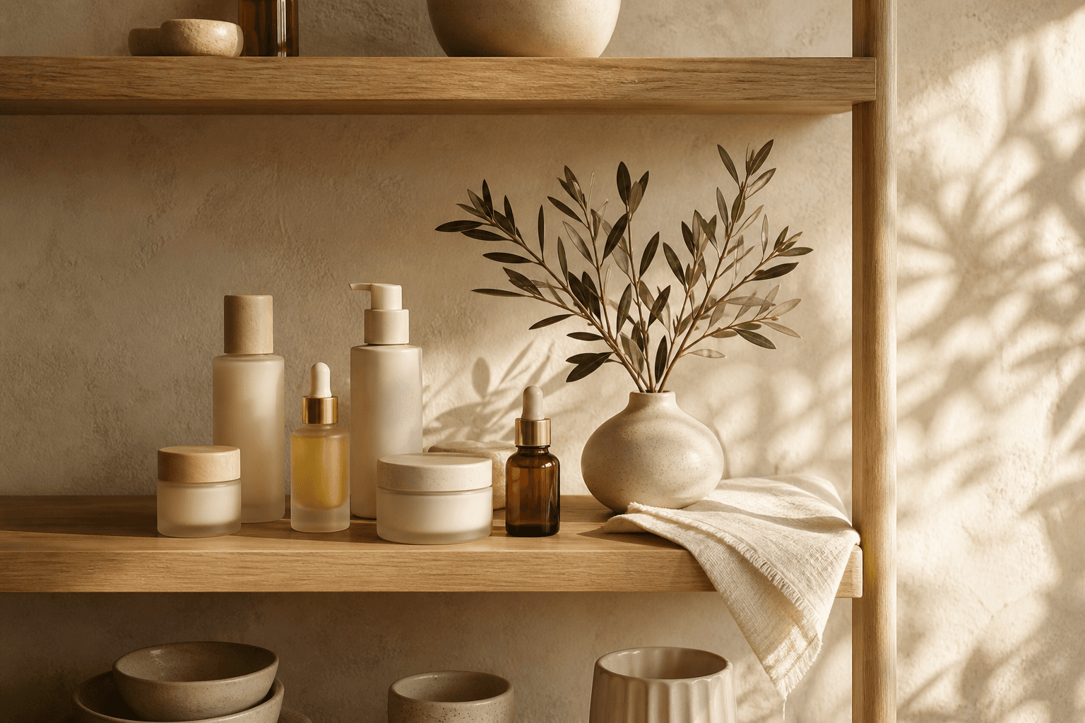 Open wood shelf with cream skincare bottles and a vase of olive leaves.